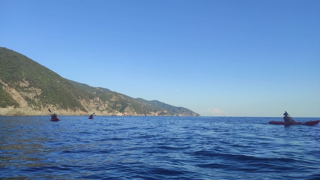 Gruppo in kayak sul mare calmo.