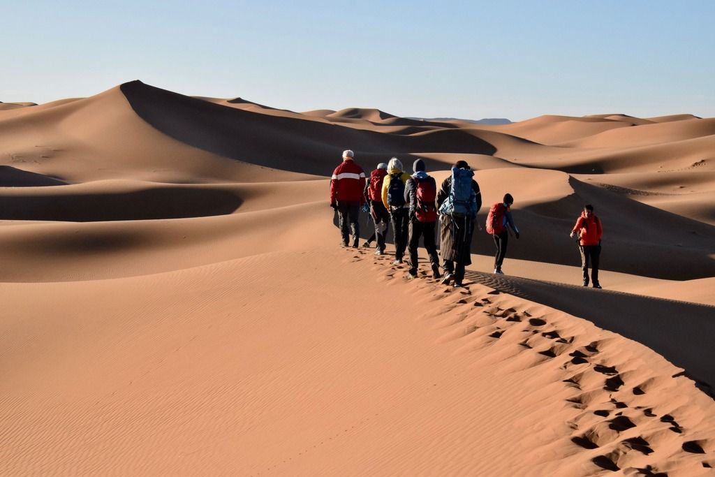 Carovana in marcia nel deserto.